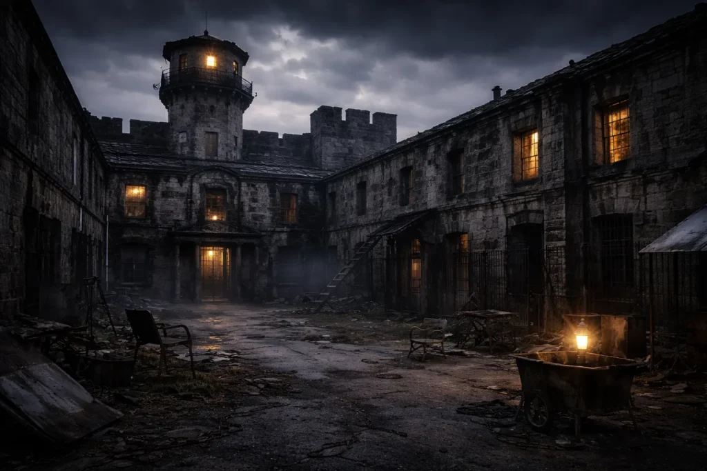This image shows Eastern State Penitentiary at night.  One can just imagine Al Capone in this place