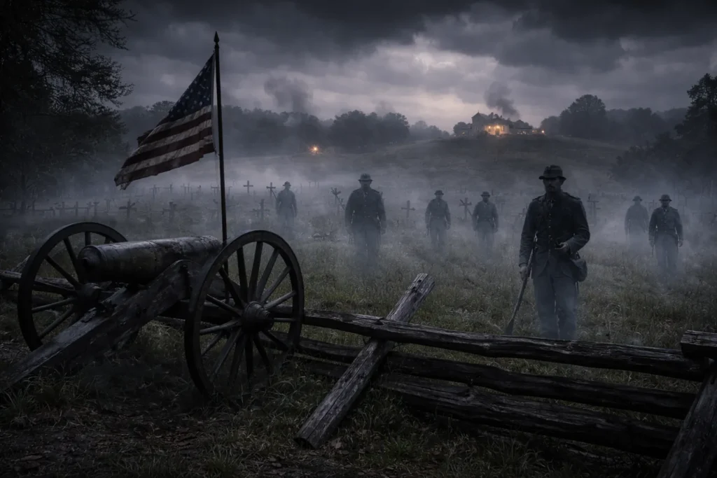 A picture of Getthysburg Battlefield at night with mist and shadowy figures.  One can imagine the hell it would have been