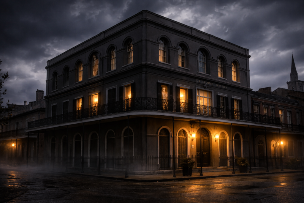 A picture of the LaLaurie Mansion at night