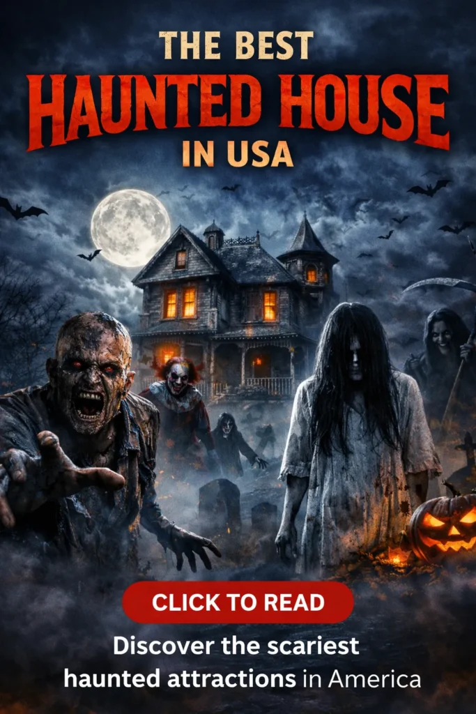 Pinterest image reads the best haunted house in USA