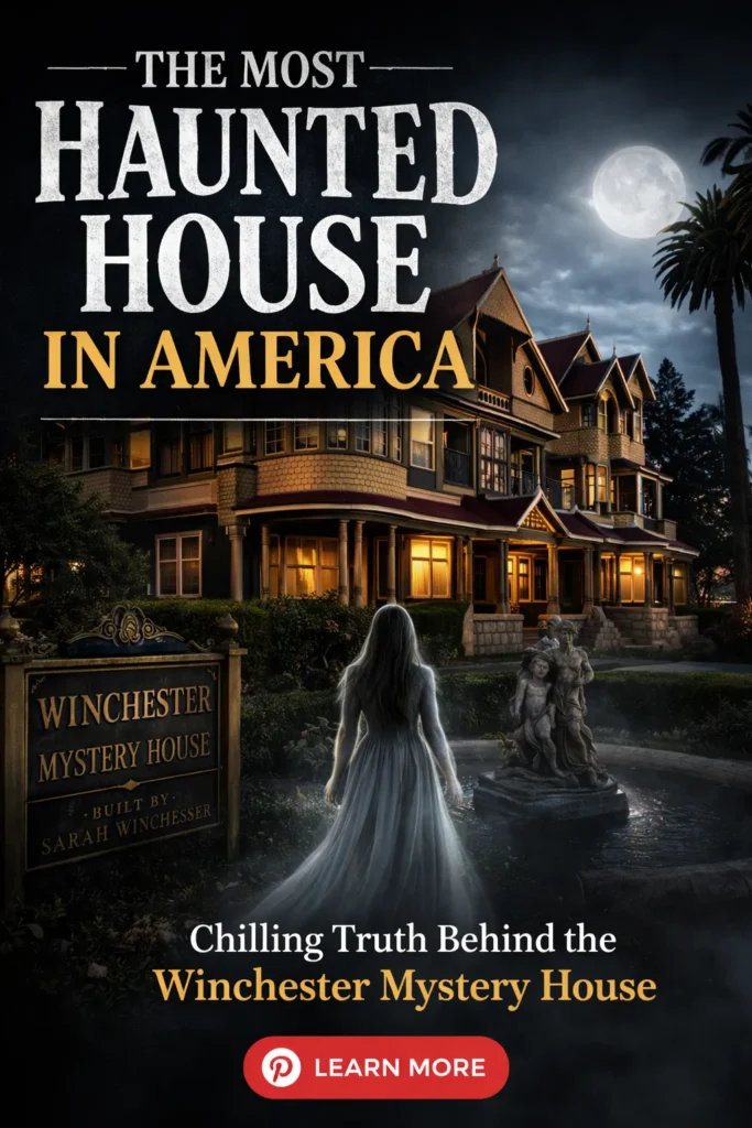 Pinterest pin shows Winchester Mystery House the most haunted house in America