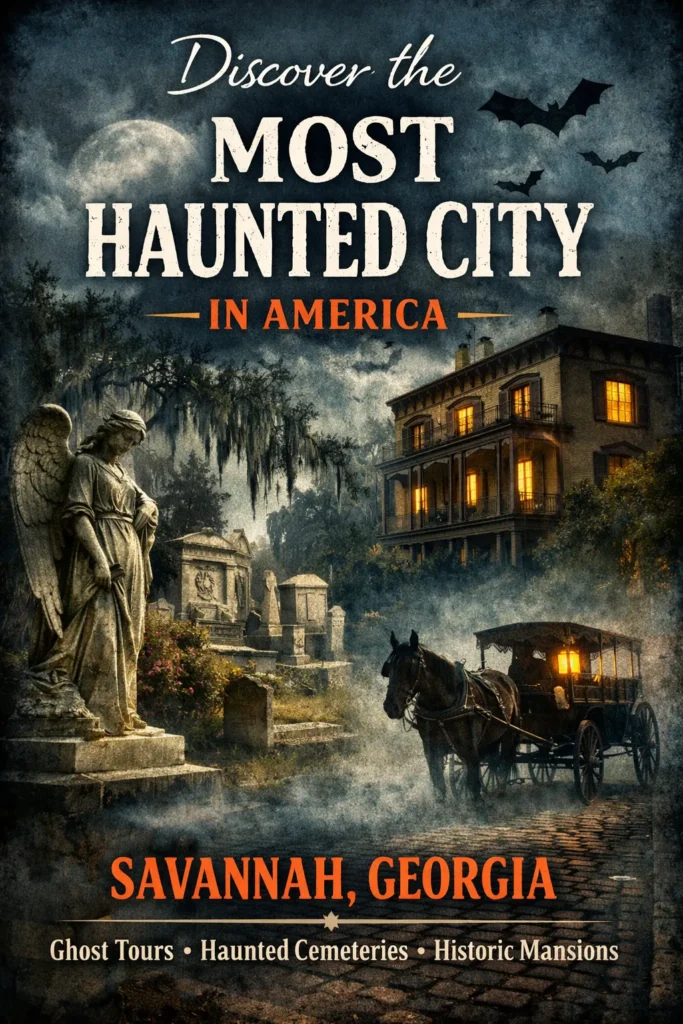 This Pinterest pin reads the most haunted city in America, Savannah, Georgia