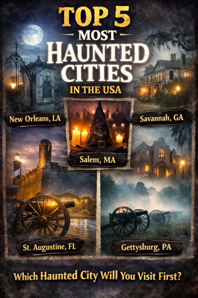 Pinterest pin shows the top five most haunted cities in the United States