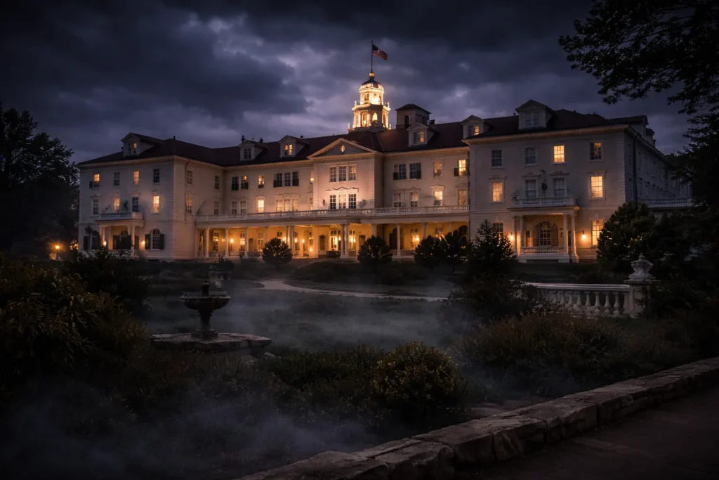 The first of our top 10 most haunted places in the USA is The Stanley Hotel.  This image shows an image of The Stanley Hotel at night