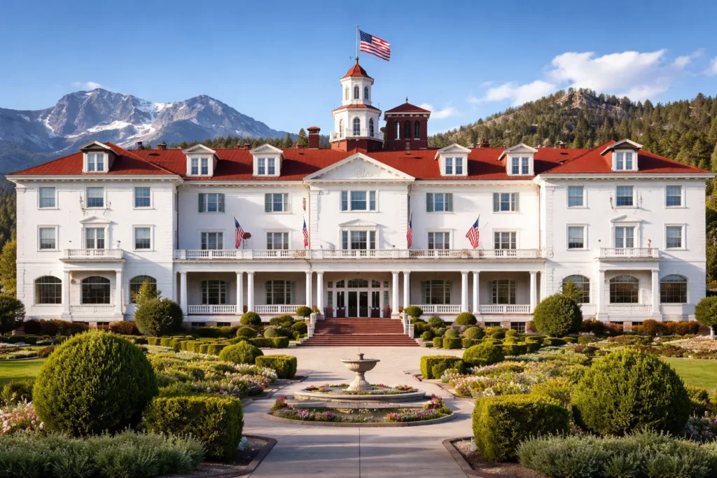 image shows The Stanley Hotel - the most haunted hotel in the united states on a sunny day