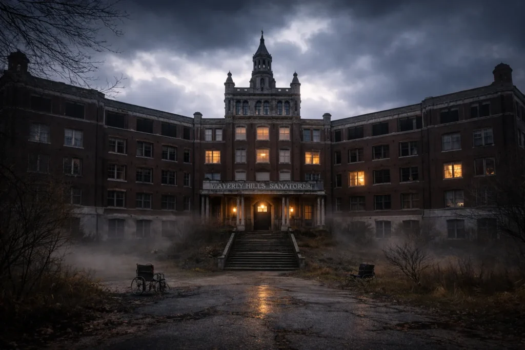 A picture of the Waverly Hills Sanatorium at night.  You wouldn't want to be locked up there