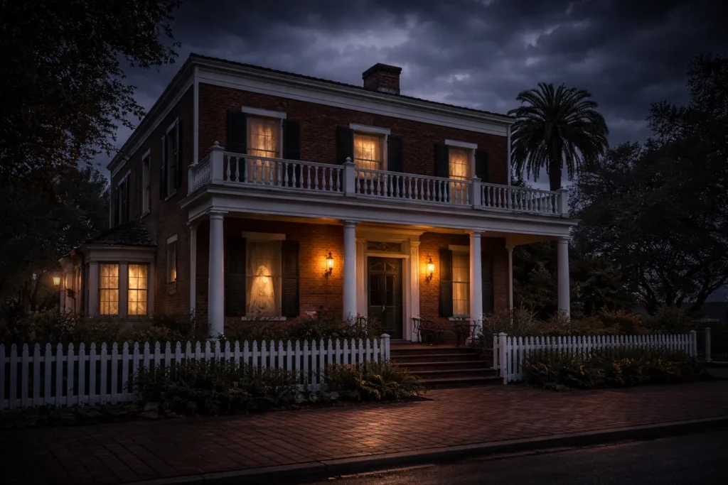 The Whaley House at night looks like any other typical American residence