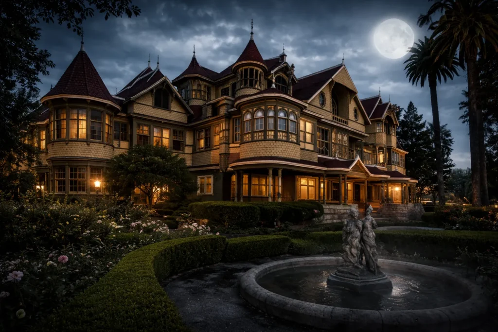 image shows the Winchester Mystery House at night