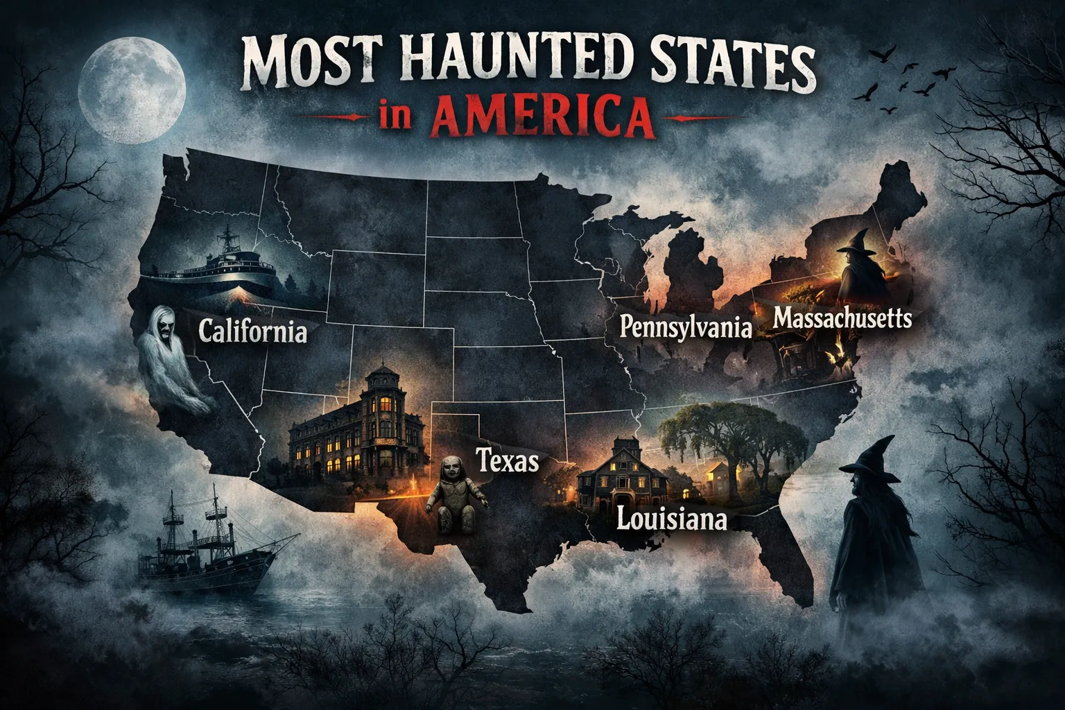 Featured image shows the layout of America with the most haunted states in America and their locations