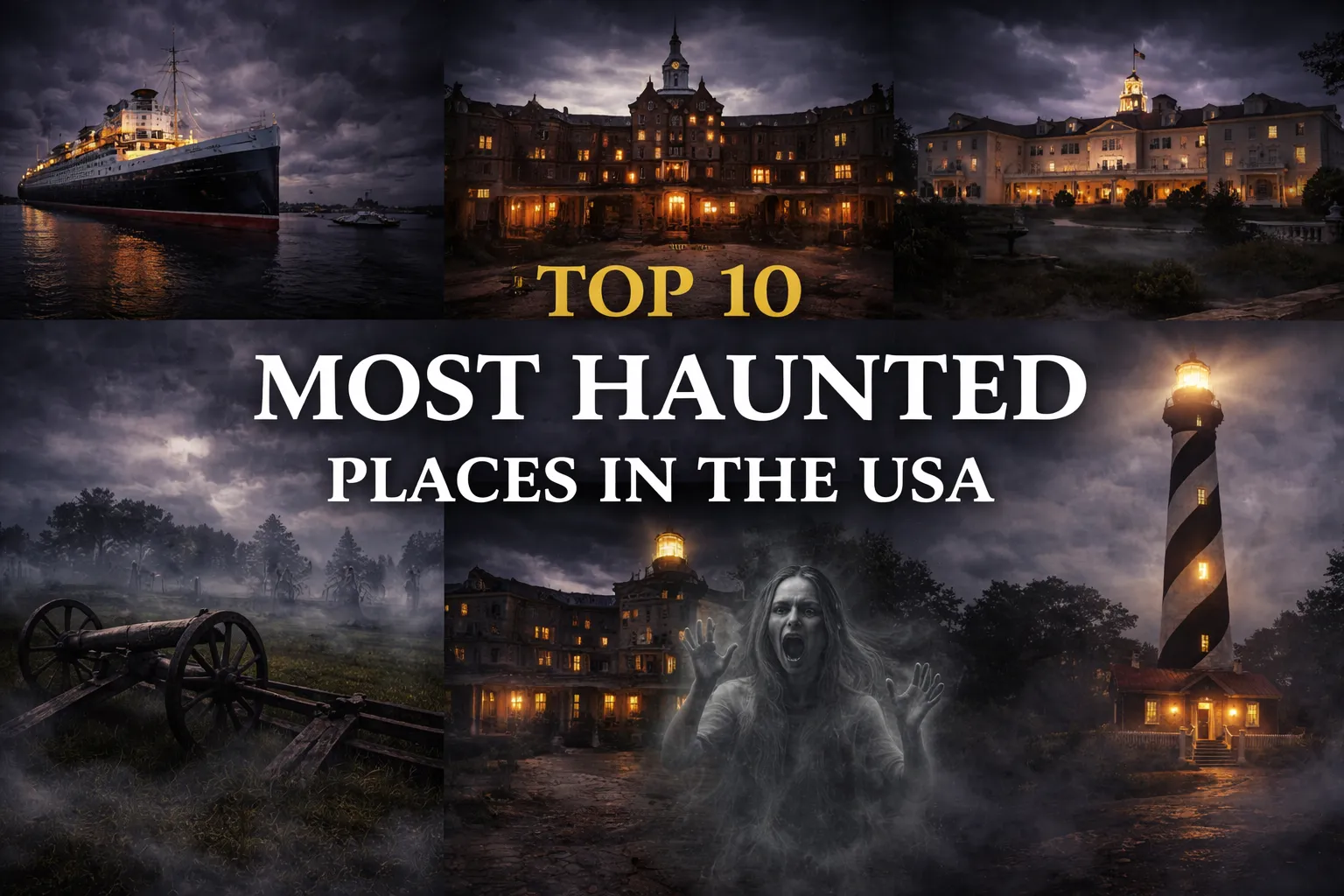 This featured image is a collage of the top 10 most haunted places in the USA