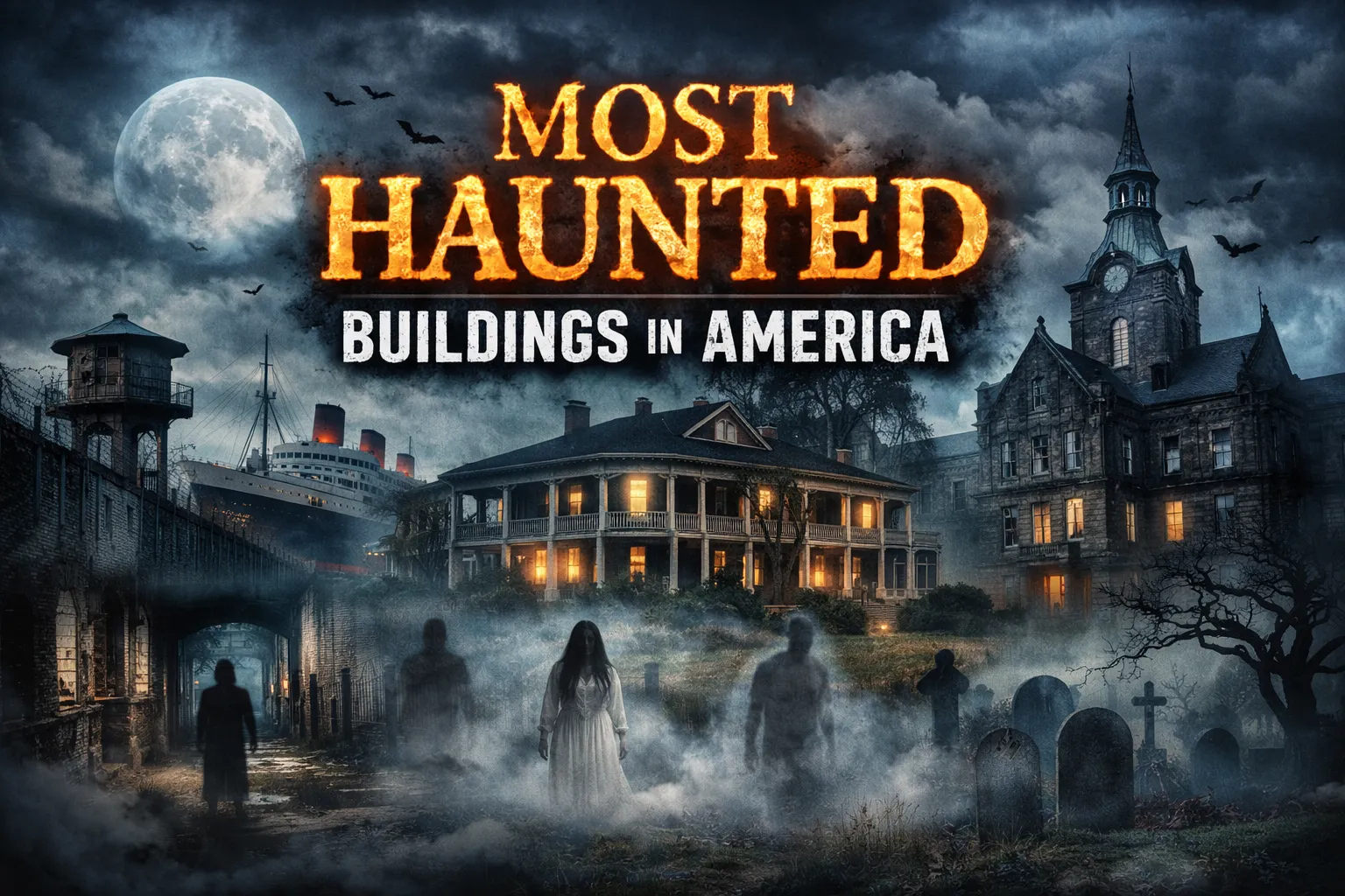 Featured image is a collage of some of the most haunted buildings in America