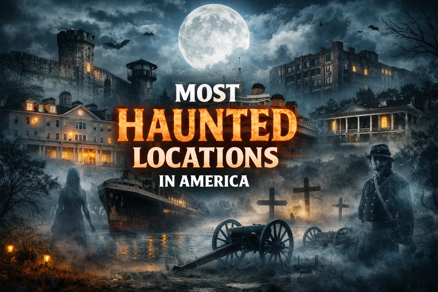Featured image is a collage of the most haunted locations in America