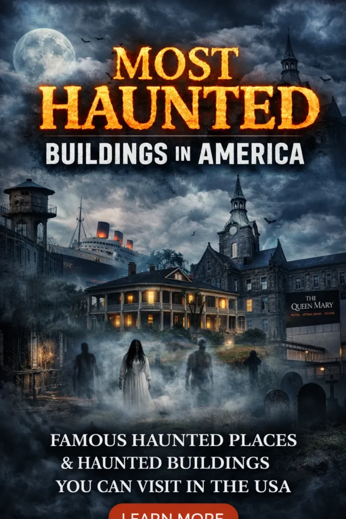 Pinterest pin shows the most haunetd buildings in America