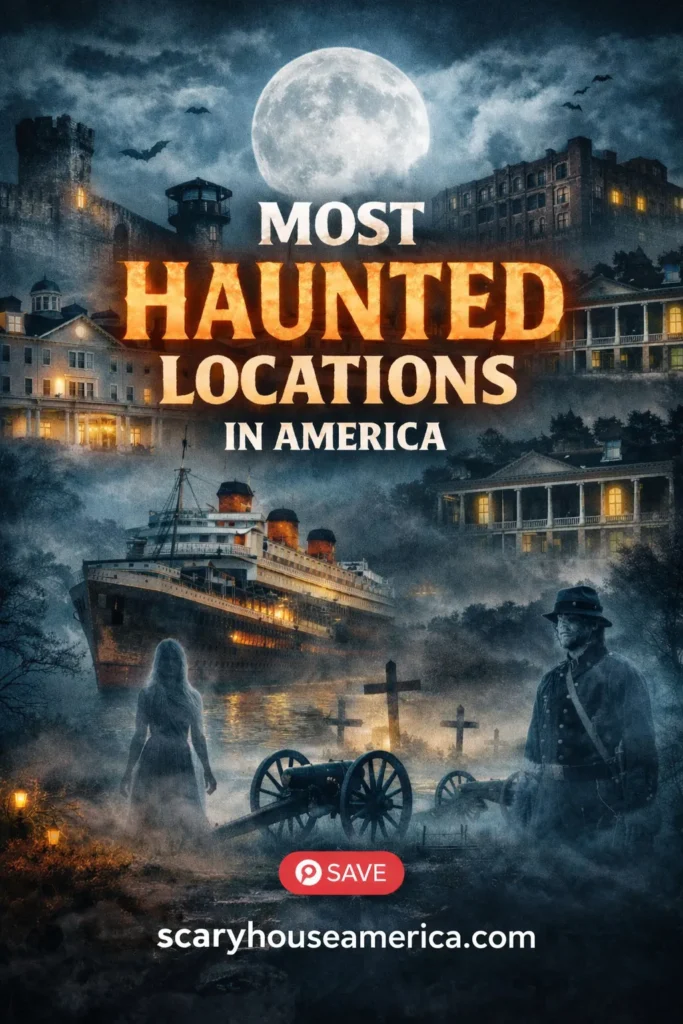 Pinterest image is a collage of the most haunted locations in America