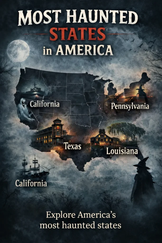 Pinterest image shows a layout of America with the most haunted states of America visible and their locations