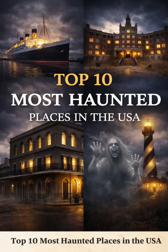 Pinterest image shows a collage of the top 10 most haunted places in the USA